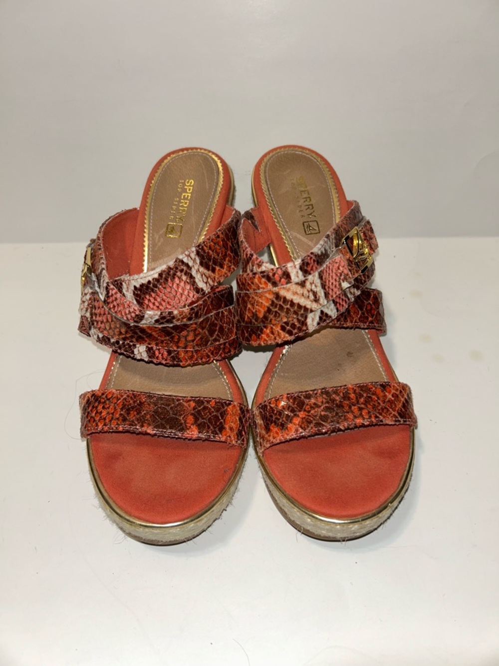 Sperry Orange Snake-Print Slide Sandals with Gold Accent